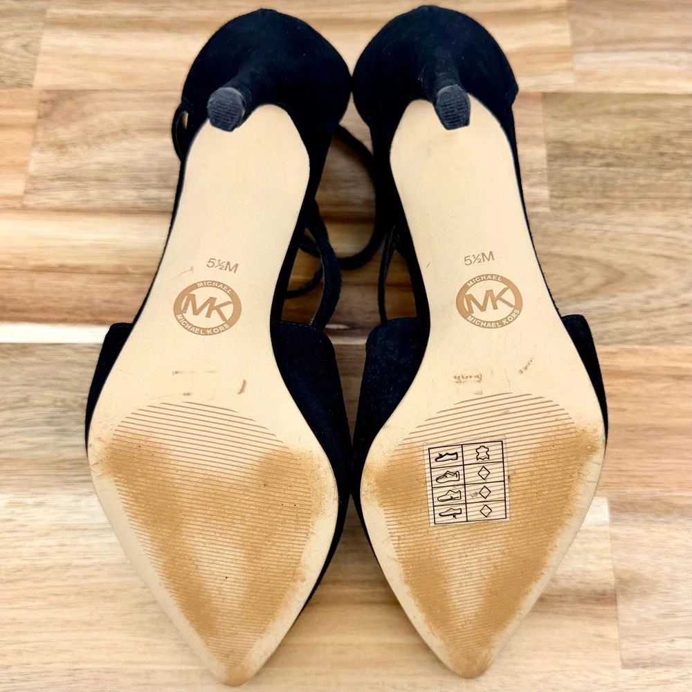 Michael Kors Black Suede Strappy Stiletto Heels Zip Ankle Strap Womens 5.5M - Picture 7 of 8